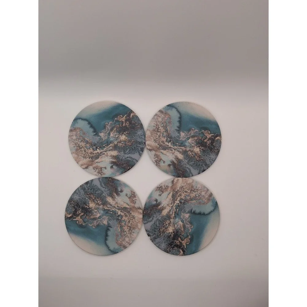 Set of 4 Abstract Coastal Marble Pattern Coasters Teal Blue Gold Cork Backing